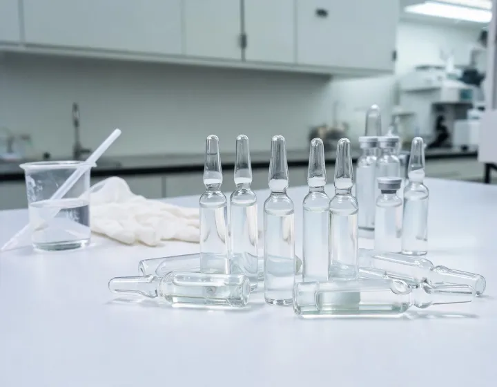 Ampoule Sourcing on a cosmetics bench, illustration only