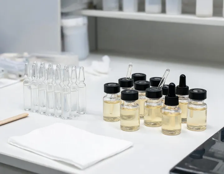 ampoule vs serum on a cosmetics bench, illustration only