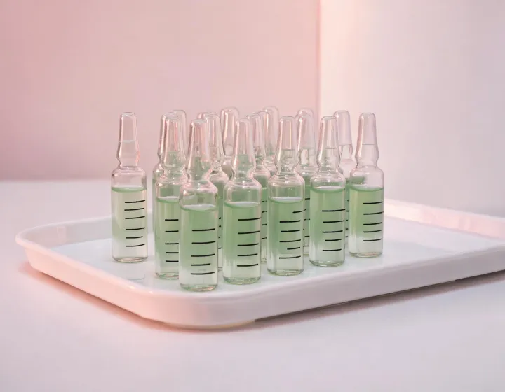 Centella ampoule serum vials on a lab tray, illustration only