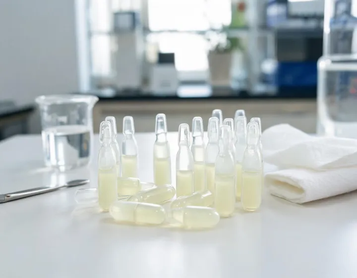 centella tone brightening capsule ampoule on a cosmetics bench, illustration only